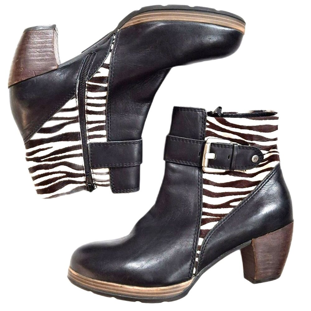 Wolky Black Leather Zebra Calf Hair Heeled Comfort Ankle Boots 7986 EU 41 US 9.5